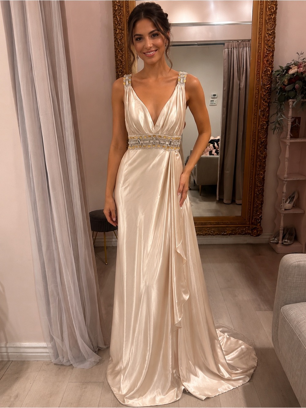 Maggie Sottero Champagne Satin V-Neck Beaded Waist Gown